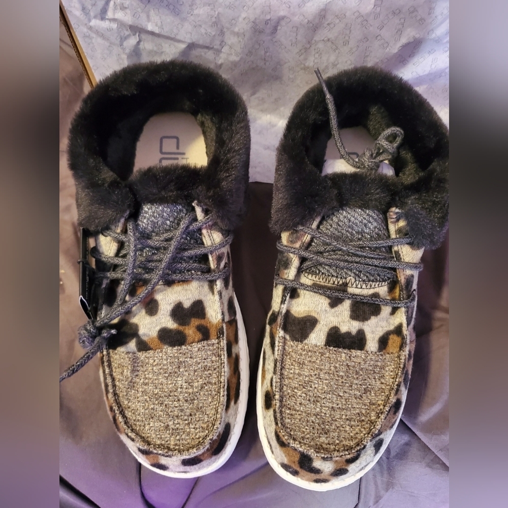 Hey Dude Black and Brown Flats with Plush Fur Trim